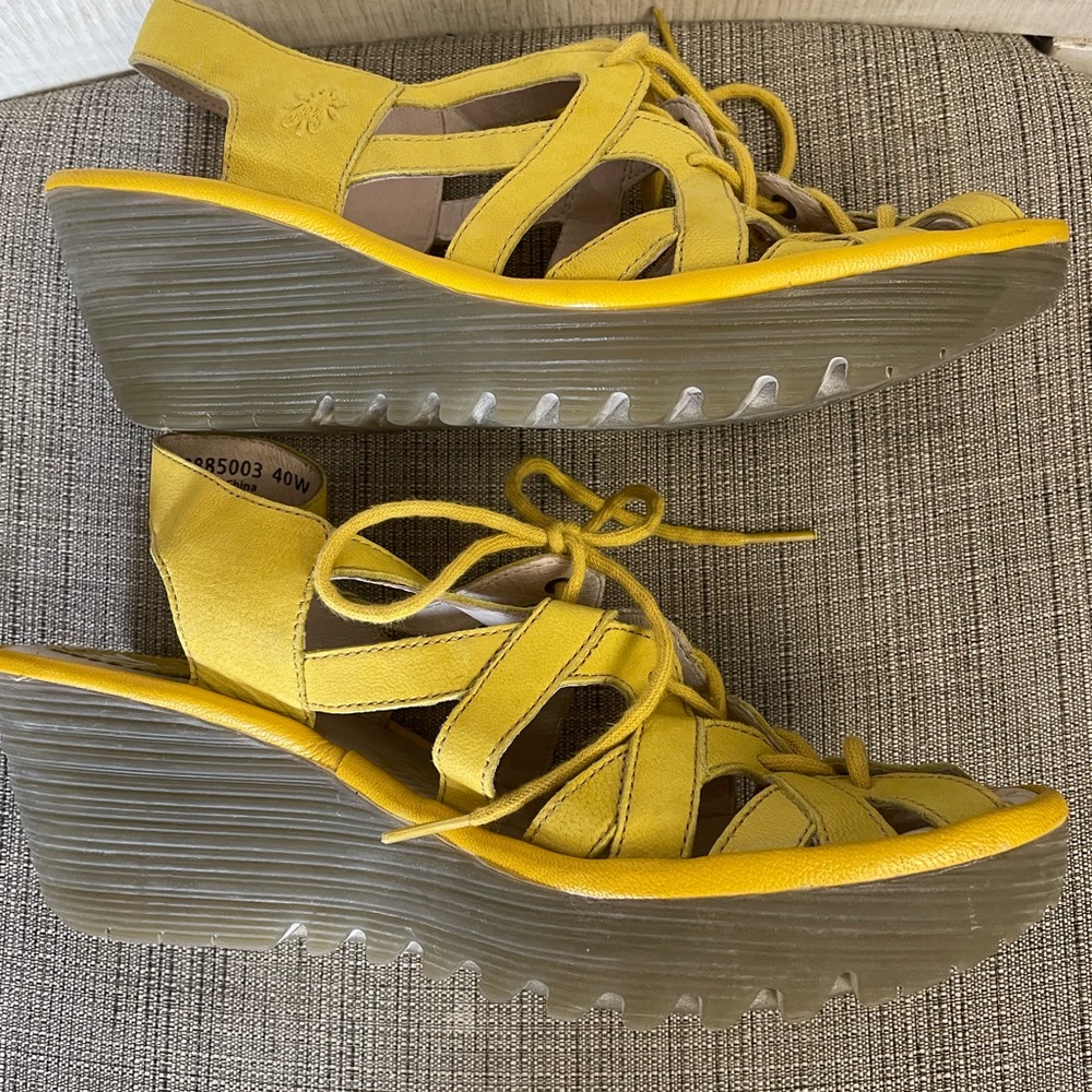FLY London Leather Lace Up Wedge Sandals Yapi Lemon - Picture 7 of 13